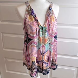Rose + Olive Pink, Yellow, Ivory & Navy Sleeveless Floral Printed Top, Sz Large
